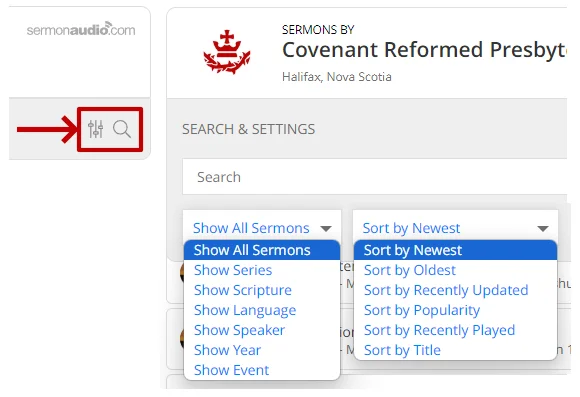 Screenshot showing where the filter and search buttons are in the sermon list
