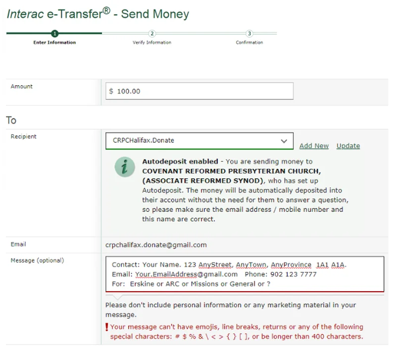 Sample TD Bank e-Transfer screen to crpchalifax.donate@gmail.com showing Autodeposit enabled and the message box with contact information and fund designation
